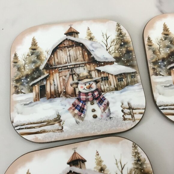 Rustic Country Snowman Wood Hardboard Coasters Set of 4 - Picture 4 of 9